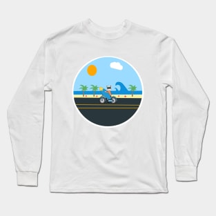 Cycling kawaii dog to the beach with his surfboard Long Sleeve T-Shirt